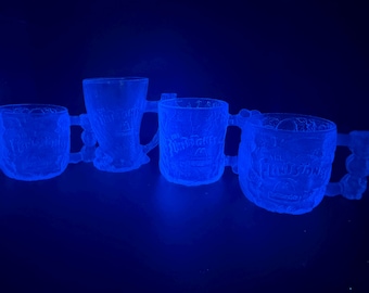 Vintage 1993 Flintstones McDonald’s Clear Glass Mug Set of 4 | Made in USA & France  | Cerium UV Reactive Blue Glow