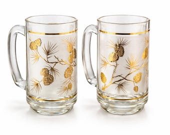 Lot de 2 - chopes/réservoirs à bière Dominion Glass « Golden Pinecones » vintage givrées