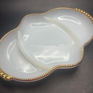 Fire-King Milk Glass Divided Relish Dish – 3-Section Gold Trim – 11” x 7 5/8” – Vintage Anchor Hocking Oven Ware USA