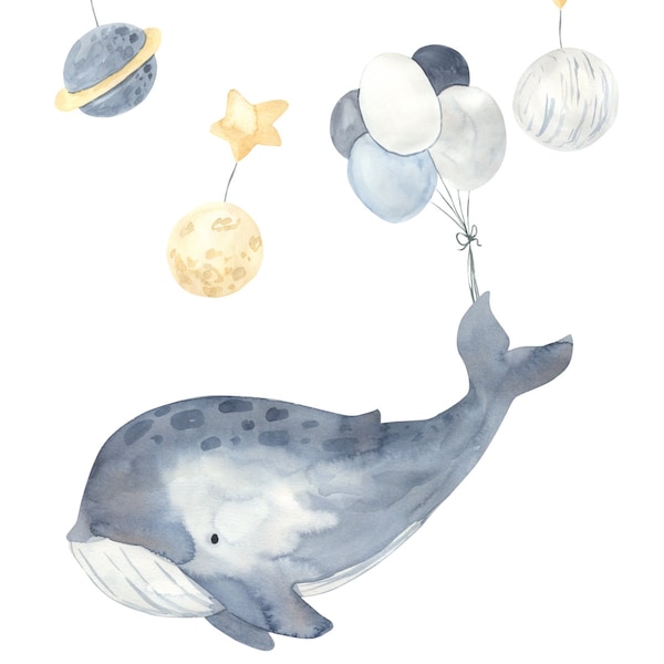 Floating Whales, Space, Baby Nursery, Clouds, Sky, Cute baby nursery, Simple Whale, Whale, Gender Neutral Photo, Baby Nursery Whale