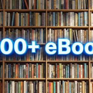 May include: A wooden bookcase filled with a multitude of books. The text "3000+ eBooks" is displayed in bright blue, neon-style lettering across the centre of the image. The books are of various sizes and colours.