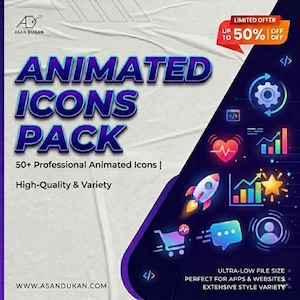 May include: Promotional graphic for an animated icons pack. The text reads "ANIMATED ICONS PACK" in large, purple letters with a blue outline. Includes icons for apps and websites, with a limited offer of up to 50% off.