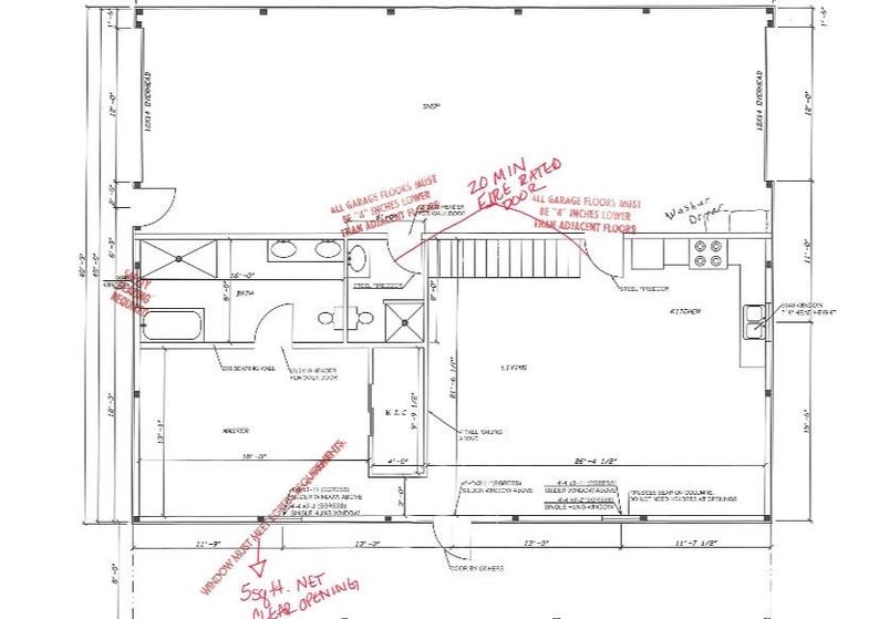 Puede incluir: Boceto de plano arquitect&oacute;nico con dimensiones y etiquetas. Incluye un dormitorio principal, ba&ntilde;o, cocina y sala de estar. Notas manuscritas indican requisitos para pisos de garaje y aberturas de ventanas.