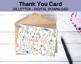 Tarjeta de agradecimiento con flores silvestres para imprimir en formato PDF, bonita tarjeta de agradecimiento con flores para imprimir