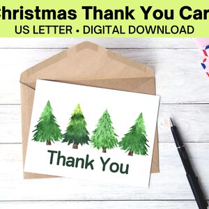Carte de remerciement de Noël imprimable avec arbres à feuilles persistantes, carte de correspondance de Noël PDF, carte de remerciement de vacances, téléchargement numérique