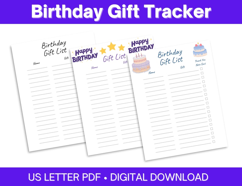 Birthday Gift List Printable PDF With Thank You Note Tracker Etsy