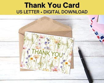 Tarjeta de agradecimiento con flores silvestres para imprimir en formato PDF, bonita tarjeta de agradecimiento con flores para imprimir