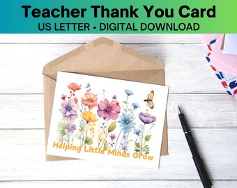 Tarjeta imprimible "El maestro ayuda a las mentes pequeñas a crecer", tarjeta de agradecimiento al maestro, tarjeta de agradecimiento al maestro, tarjeta para el maestro, tarjeta para el maestro en formato PDF