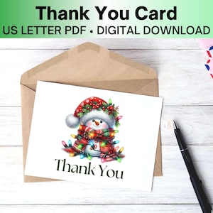 Schneemann in Lichtern druckbare Dankeskarte, PDF Weihnachtskarte, Weihnachts-Dankeskarte, digitaler Download, süße Feiertags-Dankeskarte