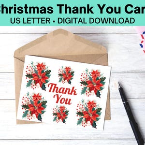 Printable Christmas Thank You Card With Poinsettias, PDF Christmas Notecard, Holiday Thank You Card, Digital Download