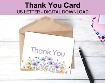 Tarjeta de agradecimiento con flores silvestres para imprimir en formato PDF, bonita tarjeta de agradecimiento con flores para imprimir