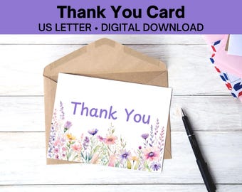 Tarjeta de agradecimiento con flores silvestres para imprimir en formato PDF, bonita tarjeta de agradecimiento con flores para imprimir