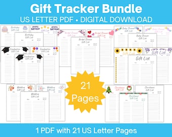 Lista de regalos imprimible con paquete grande de seguimiento de notas de agradecimiento