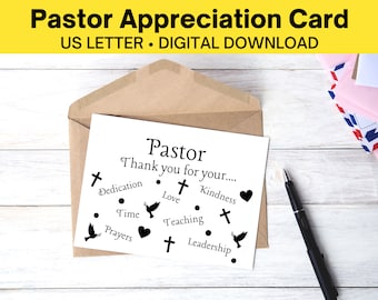Tarjeta de agradecimiento al pastor para imprimir, tarjeta de agradecimiento al pastor, tarjeta con texto en inglés para el pastor, tarjeta para el pastor en formato PDF