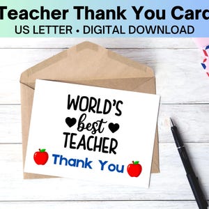 Printable Teacher Appreciation Card, Teacher Thank You Card, Teacher Card, PDF Teacher Card, World&#39;s Best Teacher Card