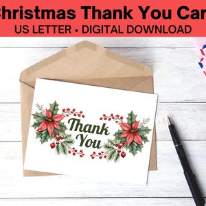 Printable Christmas Thank You Card With Poinsettias, PDF Christmas Notecard, Holiday Thank You Card, Digital Download