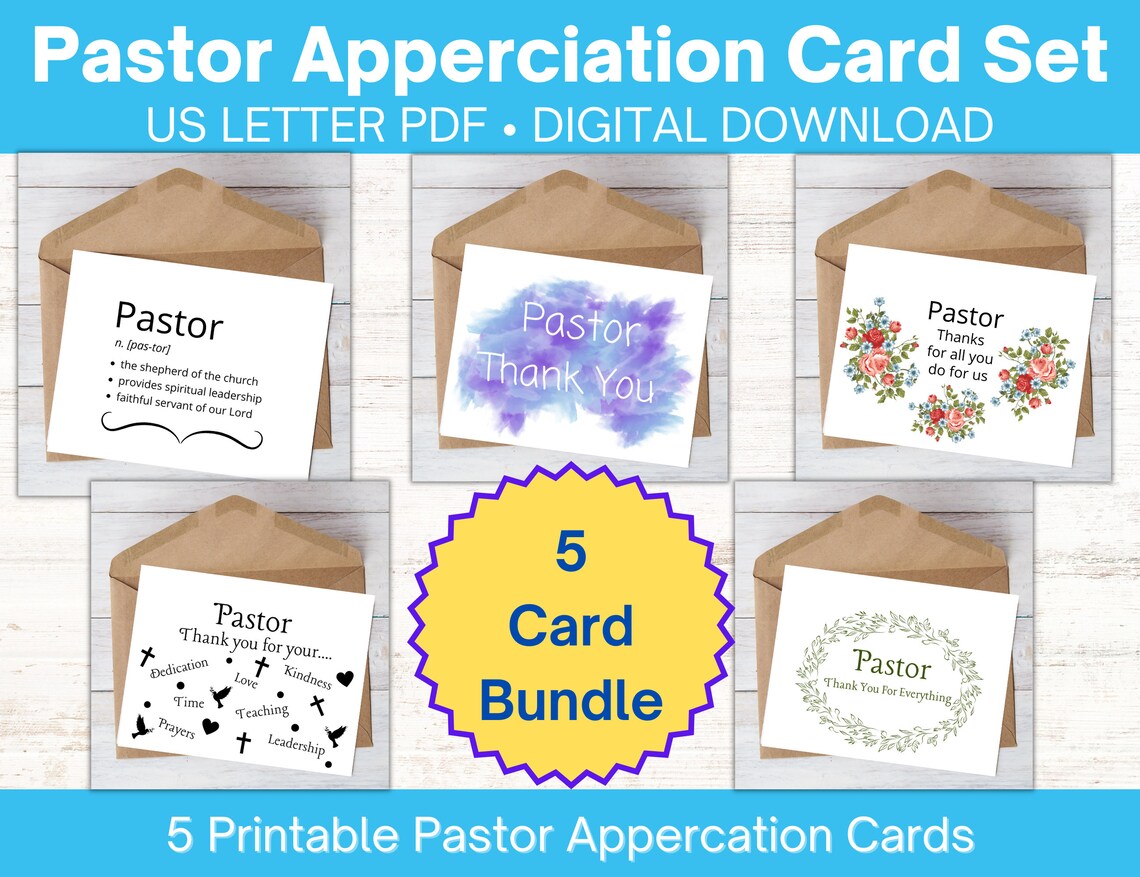 Printable Pastor Appreciation Card Bundle, Pastor Thank You Card, Pastor Card Bundle, PDF Pastor ...