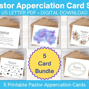 Paquete de tarjetas de agradecimiento para pastores imprimibles, tarjeta de agradecimiento para pastores, paquete de tarjetas para pastores, tarjeta para pastor en formato PDF