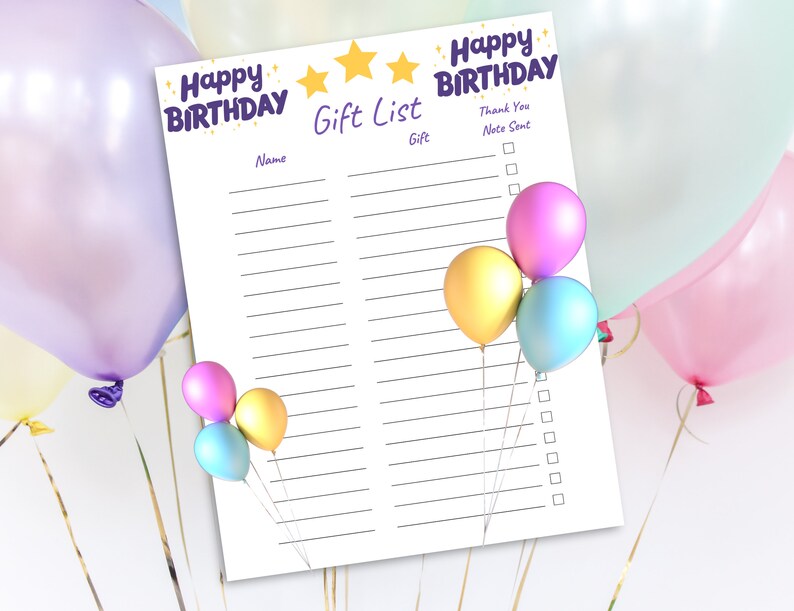 Birthday Gift List Printable PDF With Thank You Note Tracker Etsy
