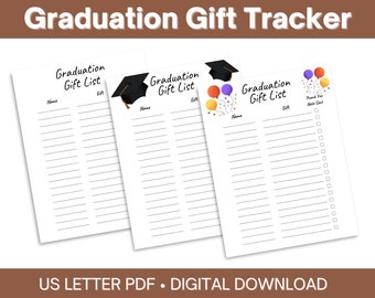 Lista de regalos de graduación imprimible con seguimiento de notas de agradecimiento