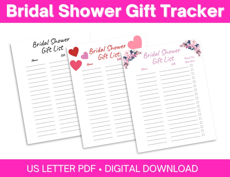 Bridal Shower Gift List Printable With Thank You Note Tracker - Etsy