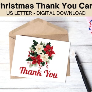 Printable Christmas Thank You Card With a Poinsettia, PDF Christmas Note Card, Holiday Thank You Card, Digital Download Christmas Thank You