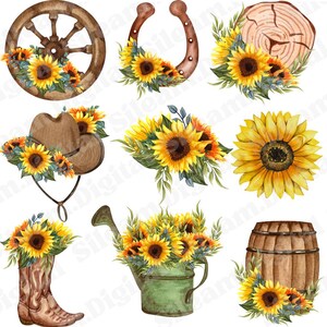 May include: A set of digital clipart featuring watercolor illustrations of sunflowers, a horseshoe, a wagon wheel, a cowboy hat, a watering can, a barrel, and a tree stump. The sunflowers are yellow with brown centers and green leaves. The horseshoe is brown and the wagon wheel is brown with a black center. The cowboy hat is brown with a yellow band. The watering can is green with a yellow spout. The barrel is brown with a wooden texture. The tree stump is brown with a light brown center.