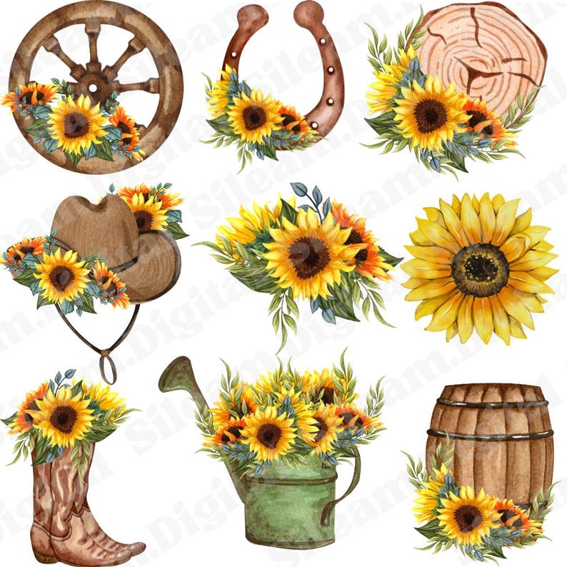 May include: A set of digital clipart featuring watercolor illustrations of sunflowers, a horseshoe, a wagon wheel, a cowboy hat, a watering can, a barrel, and a tree stump. The sunflowers are yellow with brown centers and green leaves. The horseshoe is brown and the wagon wheel is brown with a black center. The cowboy hat is brown with a yellow band. The watering can is green with a yellow spout. The barrel is brown with a wooden texture. The tree stump is brown with a light brown center.