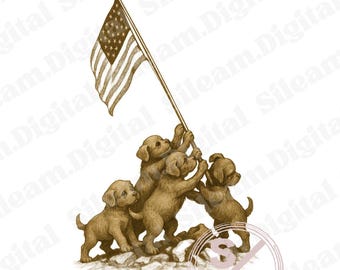 Vintage patriotic puppy clip art. American flag with puppies. Patriotic dog PNG. 4th of July cute clip art. Digital vintage dog.