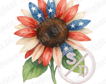May include: Watercolor illustration of a sunflower with petals in red, white, and blue, resembling the American flag. The center is brown, with green leaves and stem. A patriotic floral design.