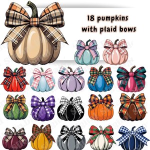 Op de afbeelding: Illustratie van 18 pompoenen, elk versierd met een geruite strik. De pompoenen hebben verschillende kleuren, waaronder oranje, groen en paars. De tekst "18 pumpkins with plaid bows" staat boven de pompoenen.