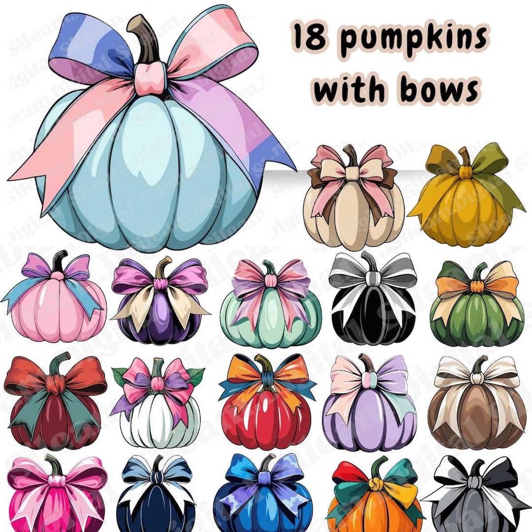 Pumpkin Clipart Bundle With Bows – 18 Colorful Pumpkins PNG, Fall ...