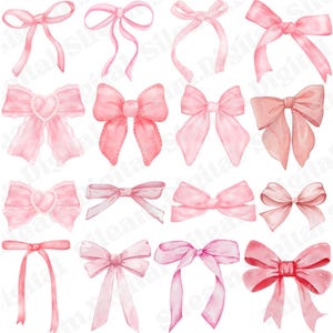 May include: A set of 16 watercolor pink bows with different styles and sizes. The bows are perfect for adding a touch of elegance to any project.
