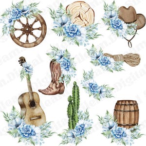 May include: A set of watercolor illustrations featuring a cowboy hat, a wooden wagon wheel, a pair of cowboy boots, a guitar, a cactus, a barrel, and a wooden slice. The illustrations are surrounded by blue and white flowers.
