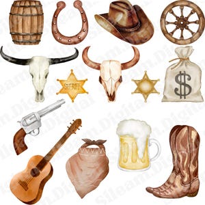 May include: A set of watercolor illustrations featuring Western and cowboy themes. The set includes a cowboy hat, a skull, a sheriff's star, a gun, a guitar, a bandana, a beer mug, cowboy boots, a wagon wheel, a horseshoe, a barrel, and a money bag.