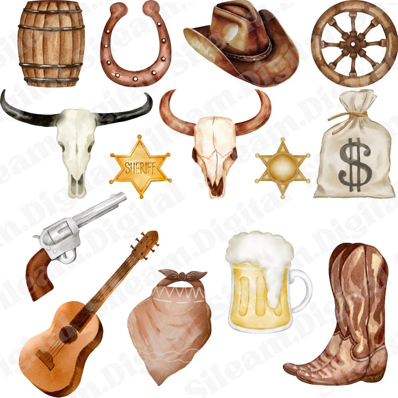 May include: A set of watercolor illustrations featuring Western and cowboy themes. The set includes a cowboy hat, a skull, a sheriff's star, a gun, a guitar, a bandana, a beer mug, cowboy boots, a wagon wheel, a horseshoe, a barrel, and a money bag.