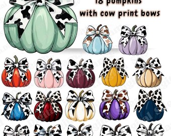 Cow Print Pumpkin Clipart Bundle – 18 PNGs | Fall Pumpkins with Bows | Country Farm Autumn Sublimation Graphics