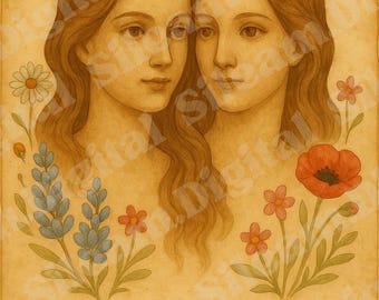 Vintage Gemini Zodiac kunst aan de muur. Bloemenastrologieprint, antieke schilderstijl. Botanische dierenriem wanddecoratie, esthetisch retro schilderij.
