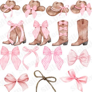 Digitales Aquarell mit rosa Schleife. PNG Cowgirl Stiefel mit Schleife. Cowboy digitale Dateien. Blumen-Cowgirl. Kokette Stiefel. Kokett rosa Band.