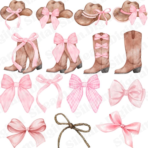 Digital watercolor pink ribbon. PNG Cowgirl boots with ribbon. Cowboy digital files. Floral Cowgirl. Coquette boots. Coquette pink ribbon.