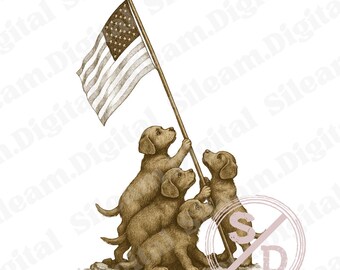 Vintage patriotic puppy clip art. American flag with puppies. Patriotic dog PNG. 4th of July cute clip art. Digital vintage dog.