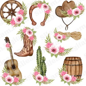 May include: A set of watercolor illustrations featuring western and floral themes. The set includes a wagon wheel, horseshoe, cowboy hat, cowboy boots, cactus, barrel, and floral wreaths.