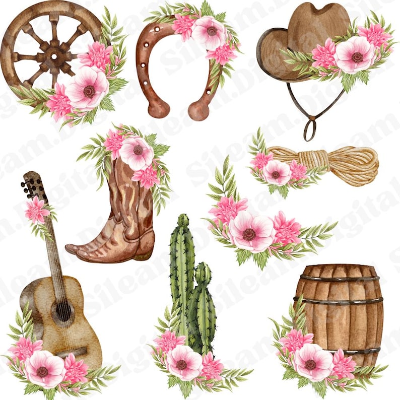 May include: A set of watercolor illustrations featuring western and floral themes. The set includes a wagon wheel, horseshoe, cowboy hat, cowboy boots, cactus, barrel, and floral wreaths.