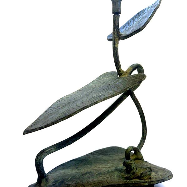 8.5" Bronze w/Patina Candlestick Holder with Leaves and Frog Detail-India Made