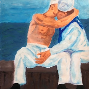 Due marinai che si baciano al mare. Intimità gay. Dipinto acrilico su carta. Bacio gay. Home decor Gay wall art LGBTQ arte