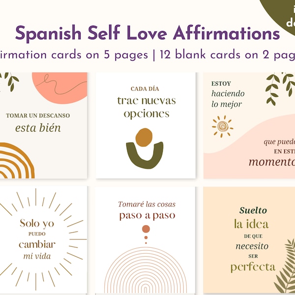 Spanish empowering affirmation and positive self love printable cards for girls & women | Daily self care and inner child healing quotes