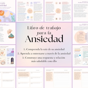 Puede incluir: Un libro de trabajo rosa y morado titulado "Libro de trabajo para la Ansiedad" con ilustraciones de flores, lunas y soles. El libro de trabajo incluye tres pasos para controlar la ansiedad: 1. Comprenda la raíz de su ansiedad, 2. Aprenda a entrenarse a través de la ansiedad, y 3. Construye una respuesta y relación más saludable con ello.