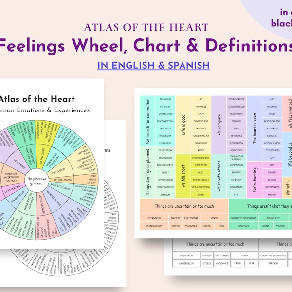 Feelings wheel with definitions: 87 human emotions in English and Spanish Atlas of the Heart, Brene Brown | emotions wheel, school counselor