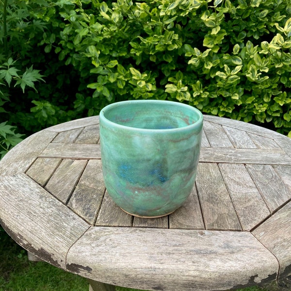 Handmade plant pot, Coastal blue green ceramic, wheel thrown pottery container