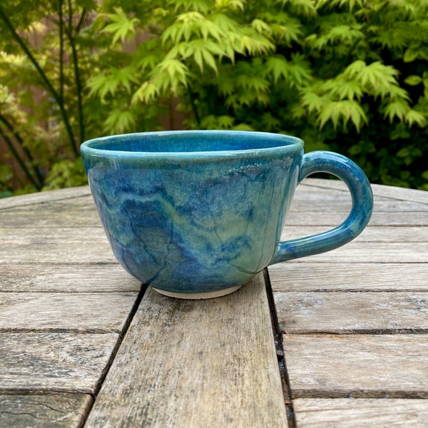 Ceramic coffee cup in Waterfall blue green, handmade pottery cappuccino cup, wheel thrown, hand glazed mug